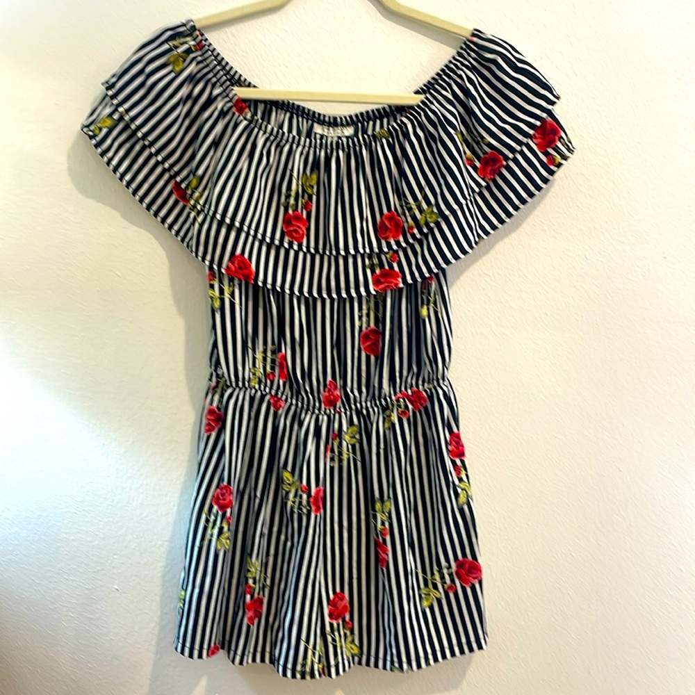 SPEED CONTROL ladies Romper, size Small. Black and white stripes with red roses